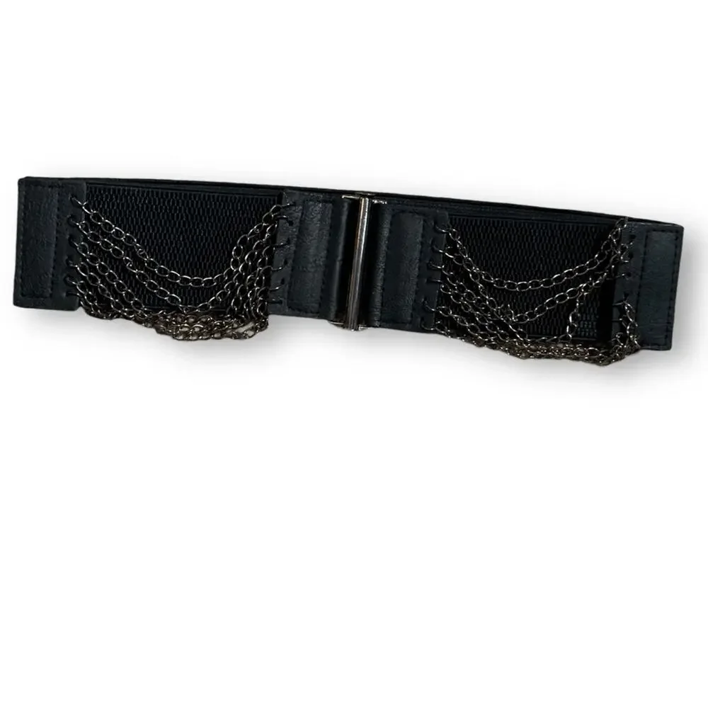 Vintage Y2K Black Leather Layered Chain Belt Festival Statement Edgy Accessory